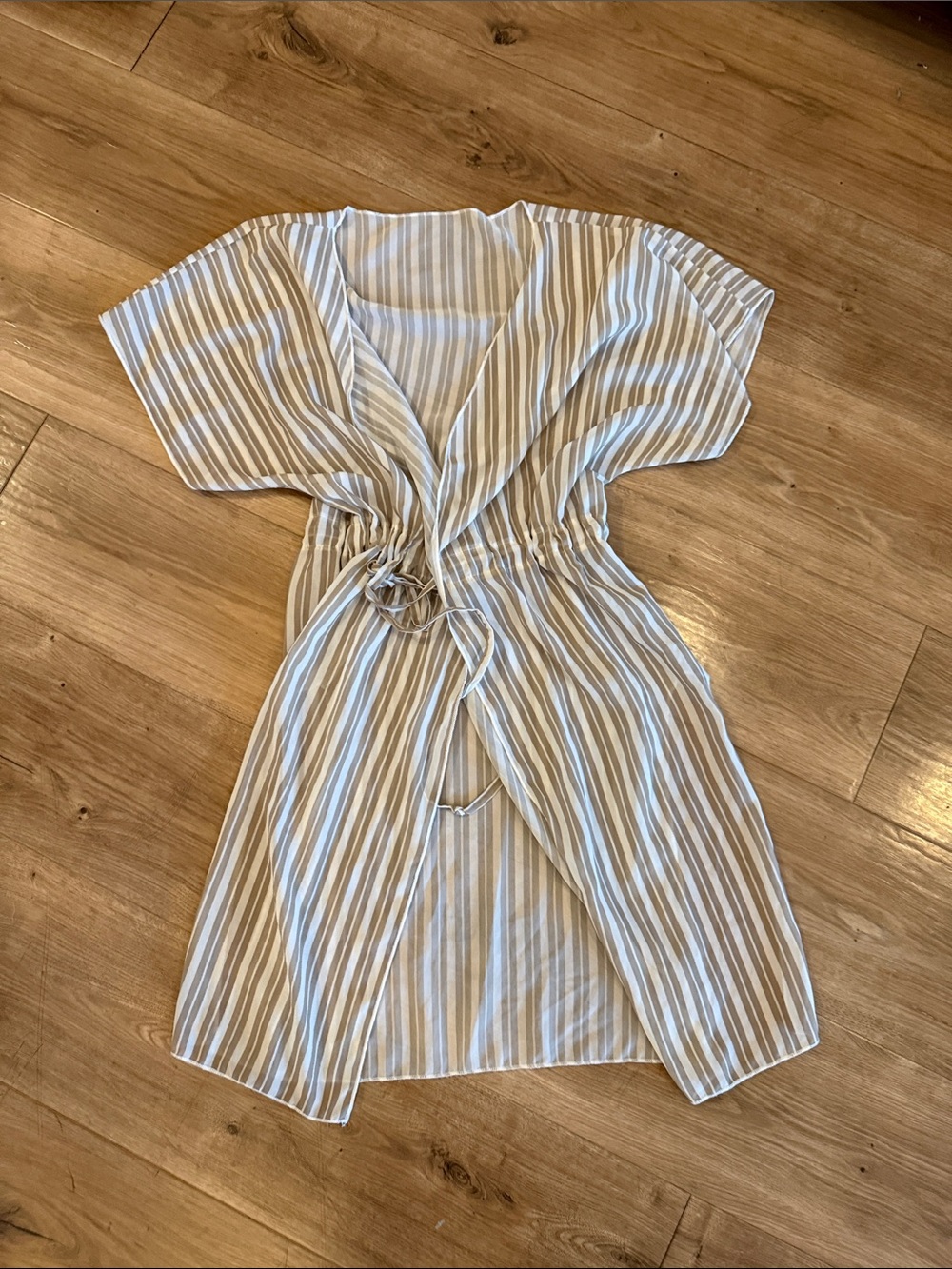 Striped Tie-Waist sheer cover up Dress in Beige and White